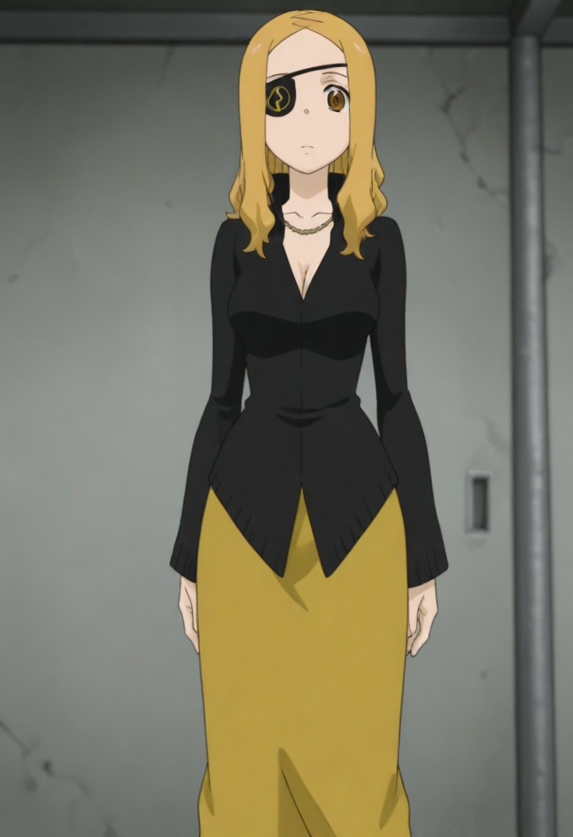 masterpiece, best quality, amazing quality, 1girl, solo,,, shiny skin,,,<lora:Marie_Mjolnir:1>mmjolnir, blonde hair, long hair, brown eyes, right eyepatch,, cleavage, necklace, black dress , gold skirt, long skirt, long sleeves, jewelry,