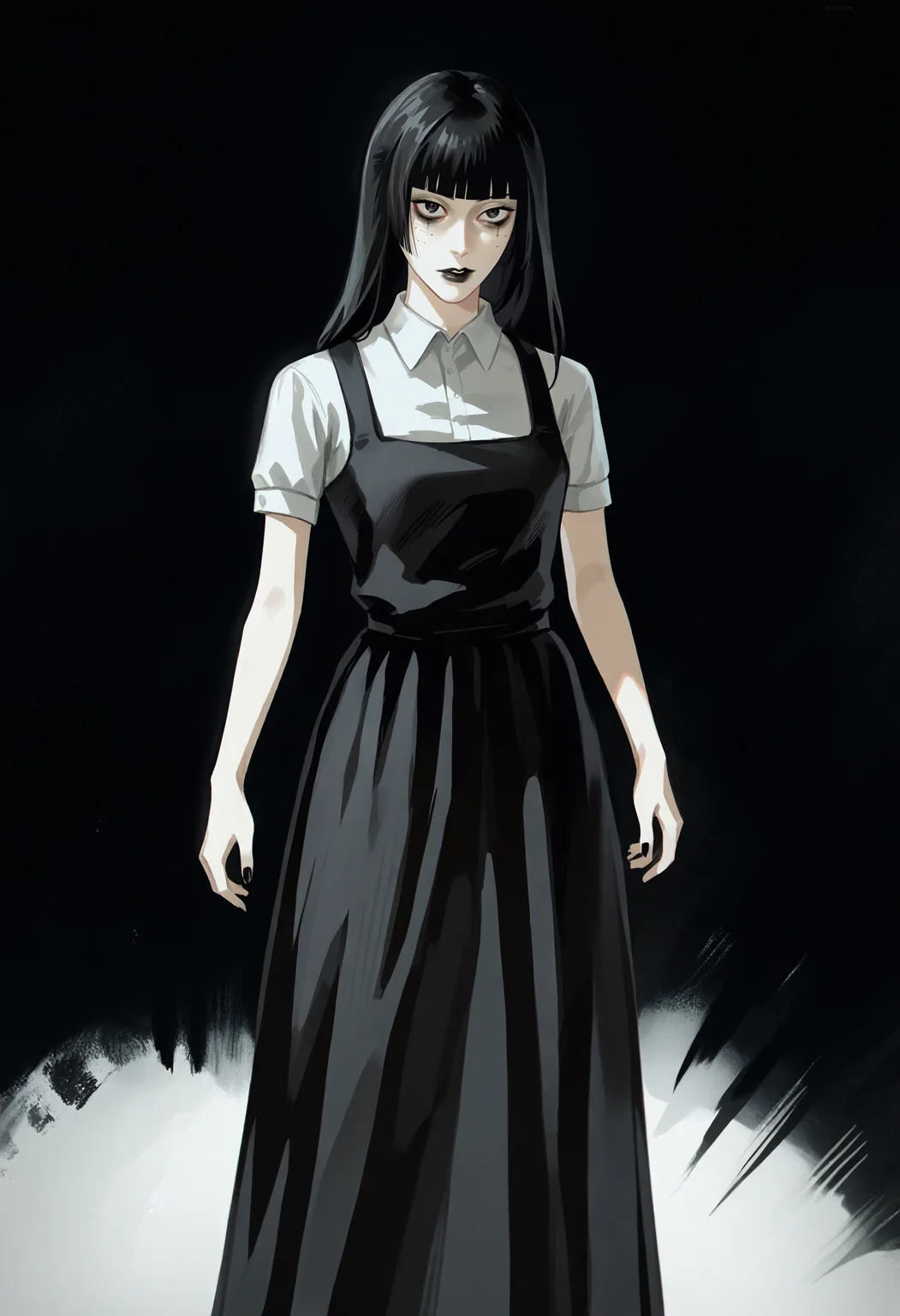 score_9, score_8_up, score_7_up, score_6_up, score_5_up, score_4_up,
BREAK
1girl, samarie funger, blunt bangs, black hair, black eyes, bags under eyes,
BREAK
standing, black dress, long dress, white shirt, short sleeves, black lips,
BREAK
black background, simple background, dynamic pose, dark, <lora:Lunas-Uqi32-SDXL-A1:1> <lora:Lunas-Samarie-Funger-SDXL-A1:1>