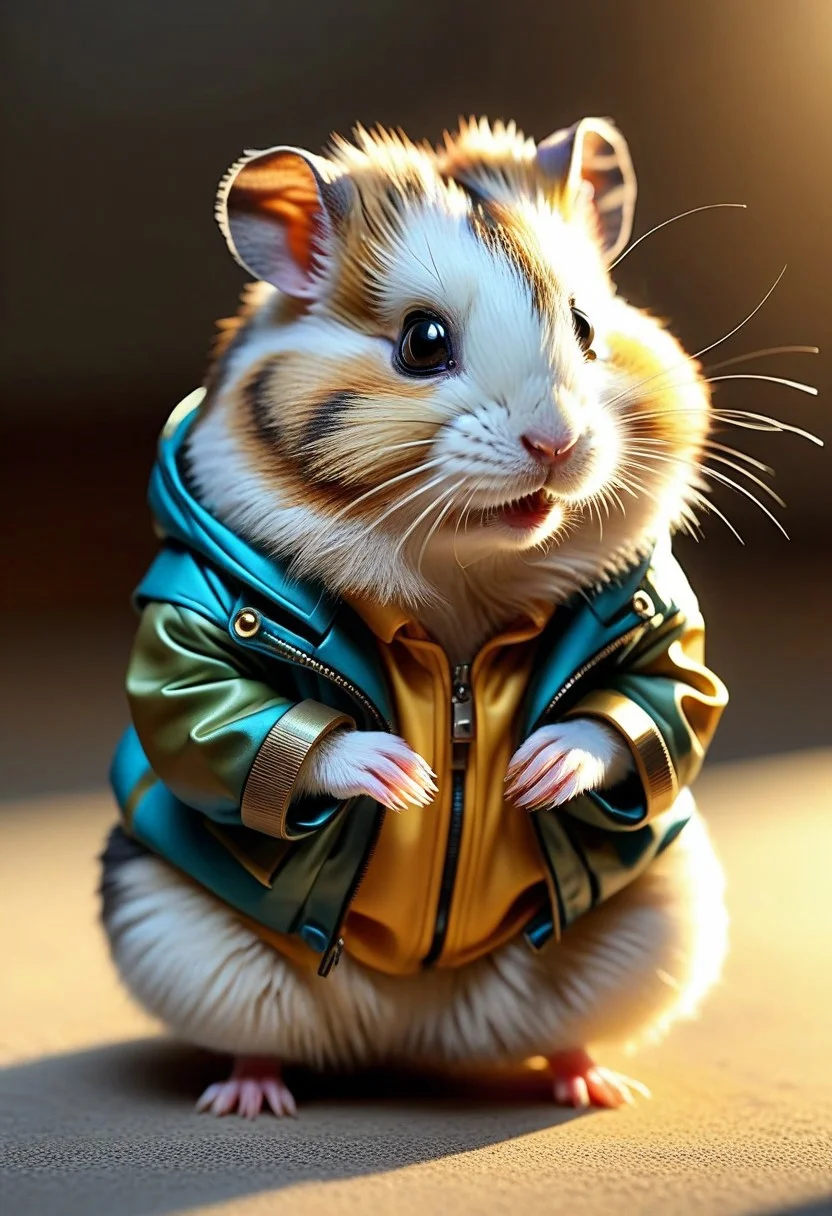 Ultrarealistic. sharp focus, dynamic lighting. play of light, reflection, refraction, Raytracing, Ultra detailed. A Roborovski dwarf hamster wearing coat made of qu4ntum.