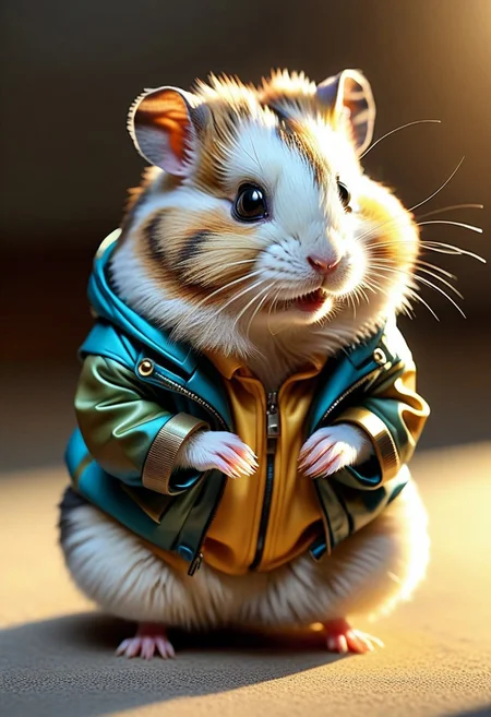 Ultrarealistic. sharp focus, dynamic lighting. play of light, reflection, refraction, Raytracing, Ultra detailed. A Roborovski dwarf hamster wearing coat made of qu4ntum.