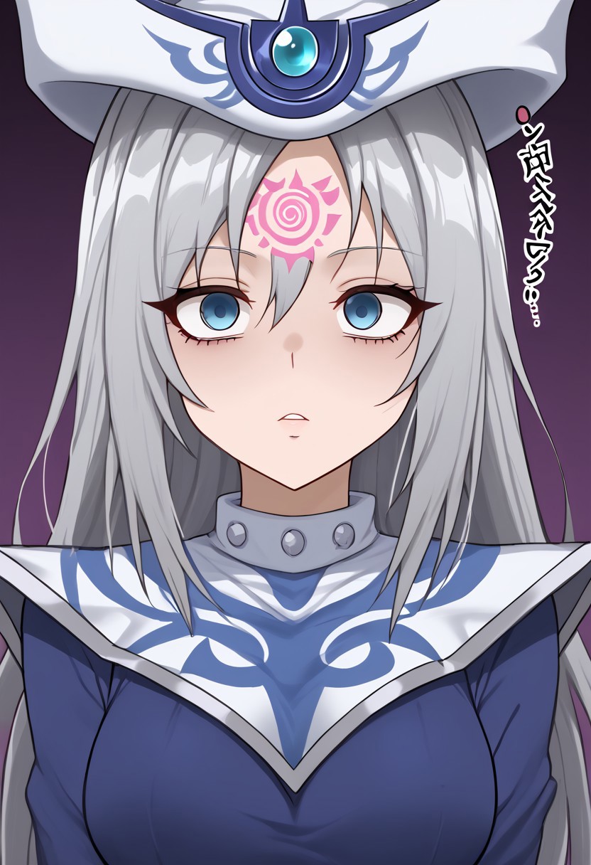 Silent magician hypnotized by tattoo,
score_9, source anime, lewd, 1girl,
mind control, hypnotized, empty eyes, dull eyes,
(spiral shaped tattoo, pink glowing tattoo), tattoo on forehead, glowing writing,
silent magician, grey hair, long hair, blue eyes,