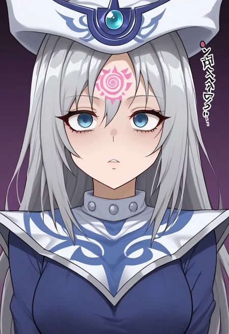 Silent magician hypnotized by tattoo,
score_9, source anime, lewd, 1girl,
mind control, hypnotized, empty eyes, dull eyes,
(spiral shaped tattoo, pink glowing tattoo), tattoo on forehead, glowing writing,
silent magician, grey hair, long hair, blue eyes,
