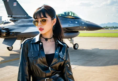 (21yo Jannine Parawie Weigel Ploychompoo (@jannineweigel) Wear a black lingeries bra But wore only a shiny leather jacket and leather trousers, ray ban teardrop sunglasses, Block Heel Tie Thigh High Boots, (Bangs), (smooth black hair, and tied in a ponytail, leather collar:1.3), detailed background, good anatomy, (perfect face, perfect eyes, eyes focus on a viewer, dynamic pose, Realistic, hyperrealistic, extreme portrait closeup shot:1.4), HDR 16K, masterpieces, top quality, best quality, official art, 8k, (background is Royal Thai Air Force airport including thailand F16 and thailand 
 rippen jet hangar:1.2),The jacket does not zip up, floating hairs, 
((Compose the image to primarily focus on the girl model, showing her body up to hips Then gradually incorporate other background elements such as jet airplanes), (It is not necessary to see something focus on the upper half of the girl model):1.4), focus on the model's face,
(35mm, F/2.8) (insanely detailed and intricate, hypermaximalist, elegant, beautiful, revealing, appealing, attractive, amative, hyper realistic, super detailed, <lora:EdobF16_v1.0:0.8>
