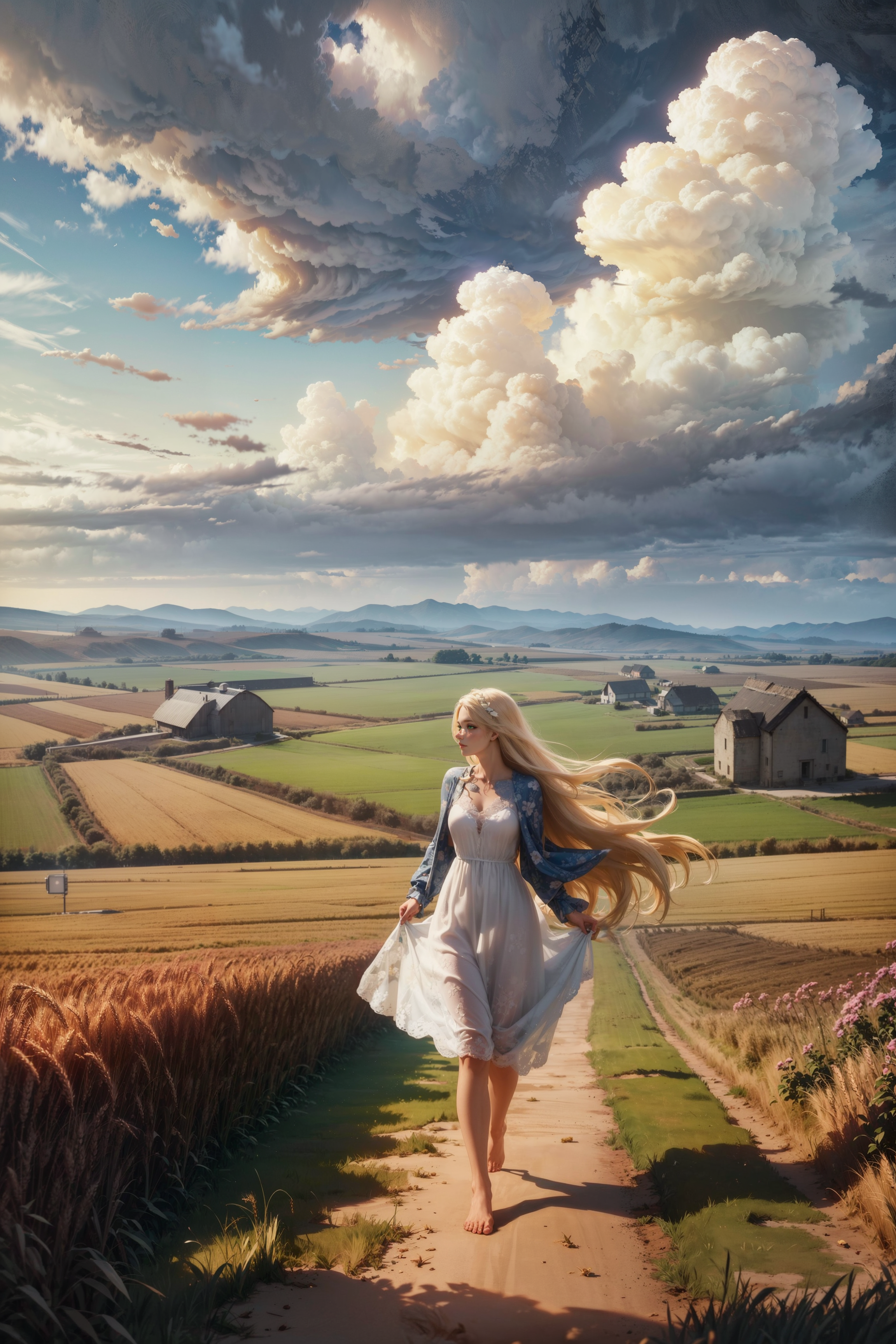 best quality, masterpiece, beautiful, 1girl, adult woman, walking, (smiling:0.7), stormy clouds, blue sky, wheat field, white dress with flower patterns, barefoot, cinematic lighting BREAK long blonde hair  <lora:tools/epiNoiseoffset_v2>