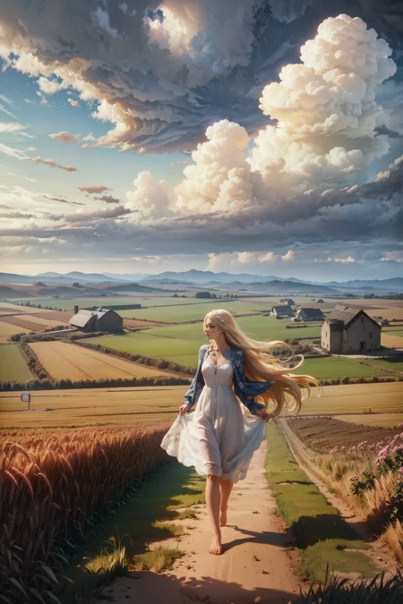 best quality, masterpiece, beautiful, 1girl, adult woman, walking, (smiling:0.7), stormy clouds, blue sky, wheat field, white dress with flower patterns, barefoot, cinematic lighting BREAK long blonde hair  <lora:tools/epiNoiseoffset_v2>