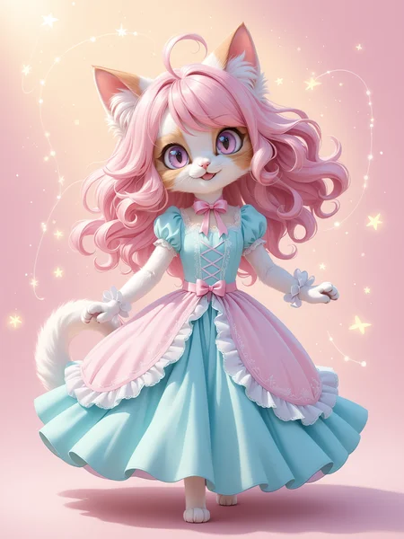 chibi pastel-colored cat character, beautiful hair, furry female, beautiful dress, soft pastel background, dreamy setting, gentle lighting, whimsical, playful, detailed, high contrast, hyper-realistic, charming, joyful, imaginative, high-definition, soft focus, light-hearted, cute atmosphere, BREAK
no humans, spinning,