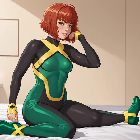 <lora:jeangreymarvelnow_pony_v1:1>jeangreymarvelnow, 1girl, short hair, green bodysuit, green footwear, medium breasts, bangs, red hair, black bodysuit