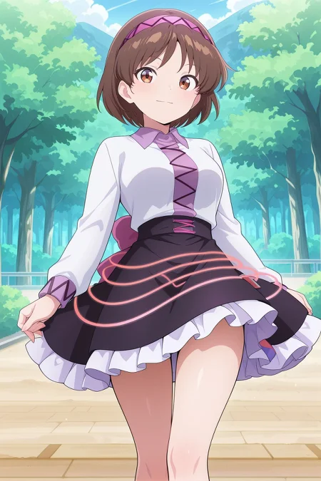 absurdres, highres, masterpiece, best quality, amazing quality, official anime artwork, screencap, anime screencap, outdoors, looking at viewer, light smile, dynamic pose, standing,
 <lora:Tsukomo-Yatsuhashi_Illustrious:1> tsukumo yatsuhashi, 1girl, solo, brown eyes, brown hair, short hair,, white shirt, long sleeves, black skirt, frilled skirt,