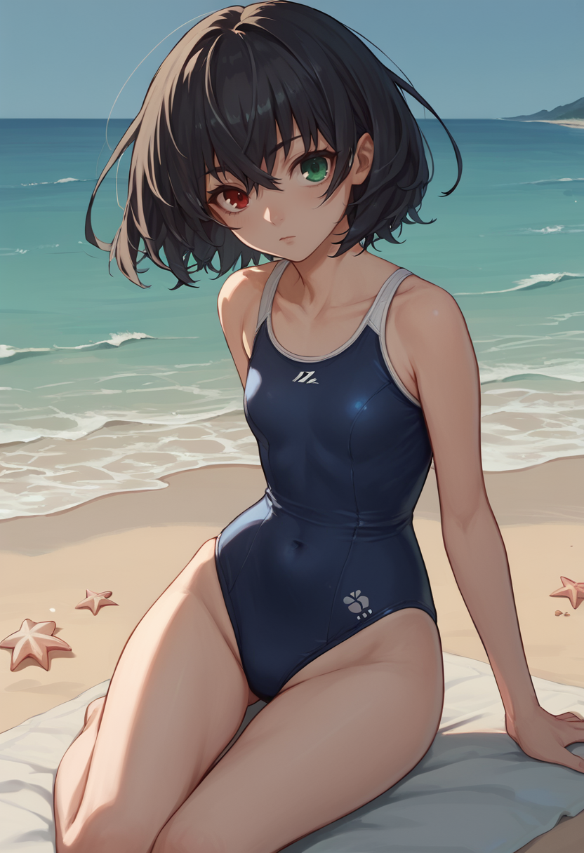 score_9, score_8_up, score_7_up,  source anime,  1girl, mskr, black hair, short hair, red eyes, green eyes, heterochromia,   beach, looking at viewer, one-piece swimsuit,     <lora:Misaki Mei REX-000008:1>