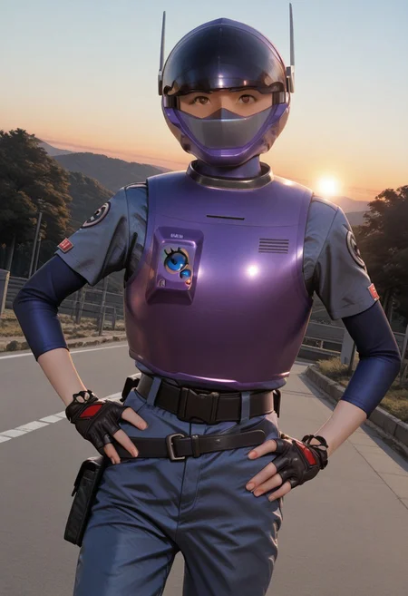 solo, 1girl, cowboy shot ,
purpl3sw4t, BREAK, looking viewer, eyes
purpl3sw4t, purple_turtleneck, helmet, open_visor, purple, armor, fingerless_gloves, uniform_shirt, blue_sleeves, V_sign hand, one hand on hip, dutch angle, belt, Uniform_pants
outdoors, road, sunset, dramatic lighting