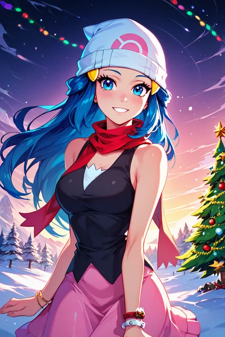 score_9, score_8_up, score_8,  ,,,  AuroraSpireCastle, night, snow, (Christmas, Christmas tree, Christmas lights, red and green light bulbs),  ,<lora:AuroraSpireCastlePDXL:0.7>,   ,,, smile, looking at viewer,  ,,, embedding:zPDXL,  <lora:SDXLFaeTastic2400:0.5>,   [<lora:DawnP2:0.7>, zzDawn, blue hair, blue eyes, sidelocks, long hair, bare shoulders, beanie, black shirt, bracelet, hat, jewelry, kneehighs, miniskirt, pink skirt, red scarf, scarf, shirt, skirt, sleeveless, sleeveless shirt, white headwear, upper body,  ]