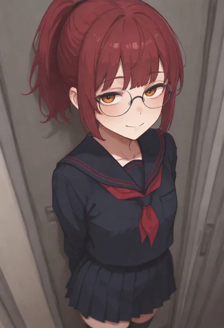 1 girl, small girl, standing, black sailor uniform, short girl, black tight highs, red hair, ponytail, circular glasses, orange eyes, friendly girl, smile , bright expression, tarustyle, artist:moriimee