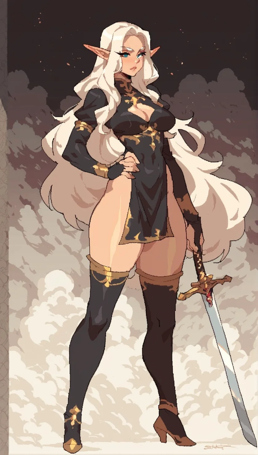 <lora:s-purple_PONYXL:1>, score_9, score_8_up, score_7_up, score_6_up, masterpiece, BREAK
fantasy,
 1girl, solo, sexy, sword, holding sword, ornate, 
thick thighs, skinny, elf ears, long hair, straight hair, flat hair
arched back