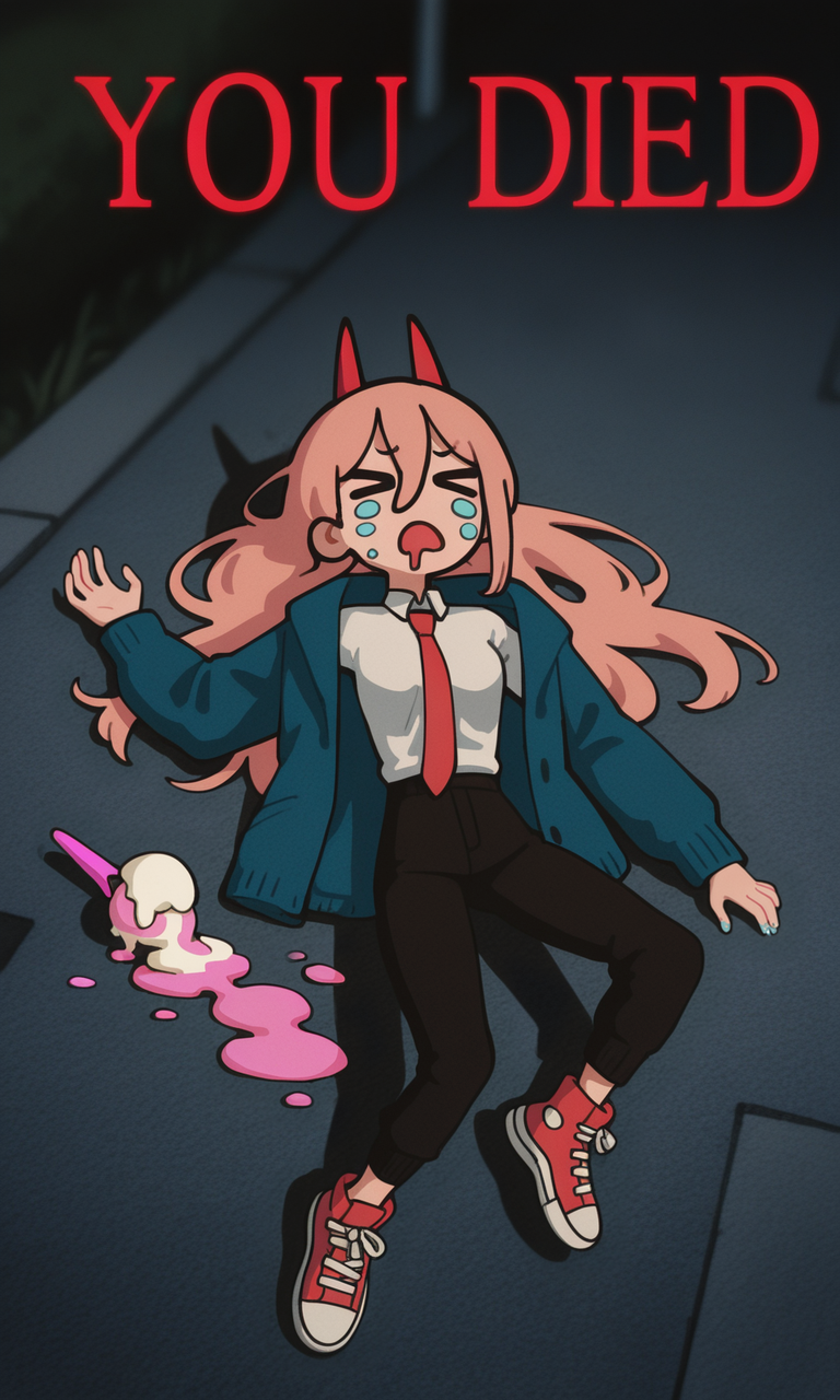 embedding:IllusP0s, you died, defeat, lying, wwafr, night, ><, outdoors, 1girl, lying, from above, contrast lighting, blurry background, high top sneakers, white shirt, button up shirt, collared shirt, blue jacket, black pants, red horns, pink hair, red tie, power_\(chainsaw man\), drooling, spilled ice cream,<lora:you died_illustrious.safetensors:1.0:1.0> <lora:wwafr-10.safetensors:1:1>