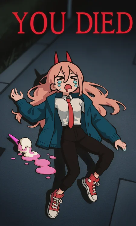 embedding:IllusP0s, you died, defeat, lying, wwafr, night, ><, outdoors, 1girl, lying, from above, contrast lighting, blurry background, high top sneakers, white shirt, button up shirt, collared shirt, blue jacket, black pants, red horns, pink hair, red tie, power_\(chainsaw man\), drooling, spilled ice cream,<lora:you died_illustrious.safetensors:1.0:1.0> <lora:wwafr-10.safetensors:1:1>