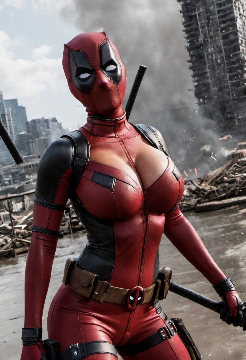 hyperrealistic art (busty girl deadpool, burning helicopter, chaos), (reflections, exploding buildings, storm, wet), slim body, (huge breasts), (breasts bursting out of  open cleavage cutaway, bare skin cleavage, huge round breasts), (full mask, full costume with cleavage cut away), extremely high-resolution details, photographic, realism pushed to extreme, fine texture, incredibly lifelike, huge tits