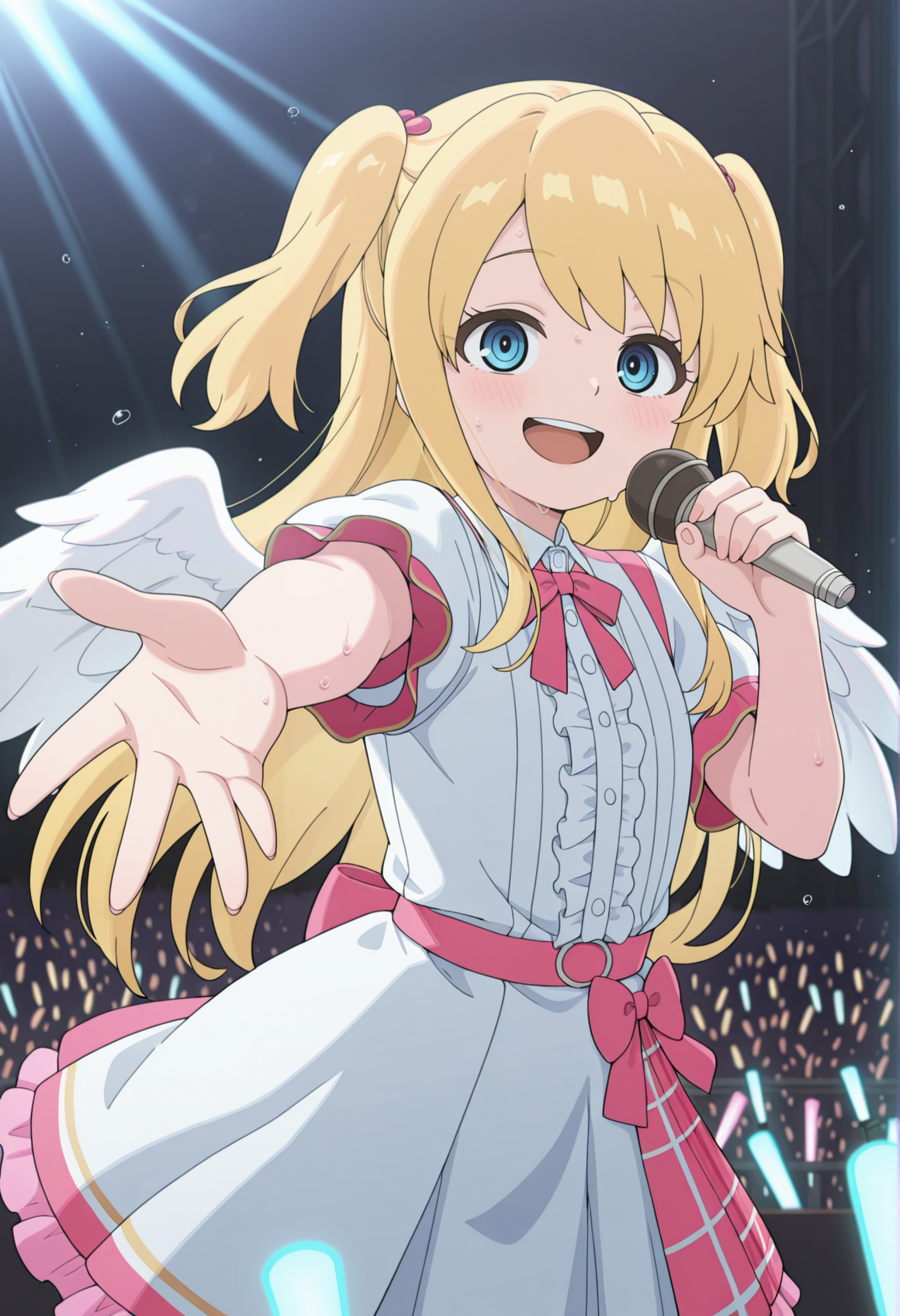 1girl, 1girl, blonde hair, blue eyes, long hair, two side up, solo, idol, idol costume, frills, angel wings, holding microphone, sweat, smile, stage, stage lights, audience, glowing sticks, reaching, open mouth <lora:Nodoka_otome_kai:1>, masterpiece, best quality, amazing quality, very aesthetic, absurdres, highres, newest