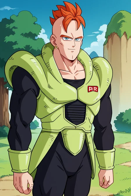 score_9,score_8_up,score_7_up, score_6_up, BREAK, android 16,1boy,solo,cowboy shot,mount paozu, blue sky, cloud, grass,thin mountain, cliff, bush,outdoors, orange hair,mohawk, light blue eyes, lime green armor, lime green arm guards,black bodysuit, smile,looking at viewer, closed mouth,red badge, rr,yellow earrings, (from side:0.7), <lora:MountPaozuPony:1> <lora:Android16Pony:1.1>