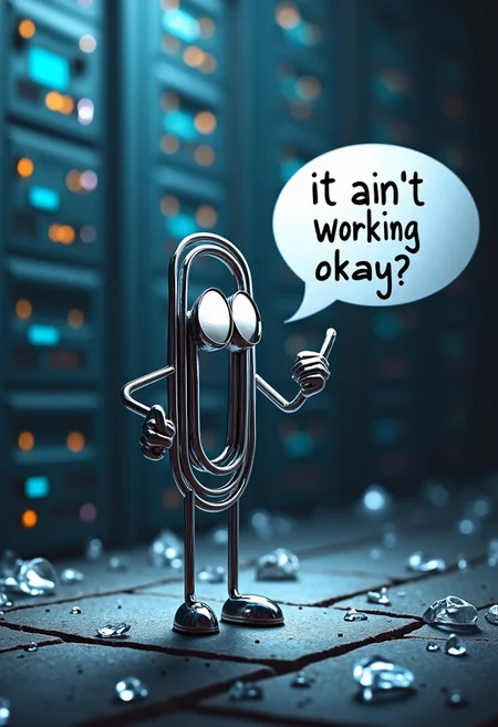 (Clippy, a paperclip with googly eyes), desktop (computing), icon, middle finger
A metal paperclip with googly eyes, ((speech bubble "it' ain't working, okay?!")),
server background, chaos, broken glass