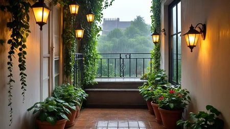 <lora:pytorch_lora_weights_361535:1>,a narrow garden balcony after summer rain, (cool rain mist:1.1) drifting through the ivy, pillows still damp from the downpour, lanterns glowing softly in the damp air.,, Masterpiece,best quality,realistic,HDR, 8K, masterpiece, best_quality, absurdres, ultra-detailed, highly_aesthetic, depth_of_field