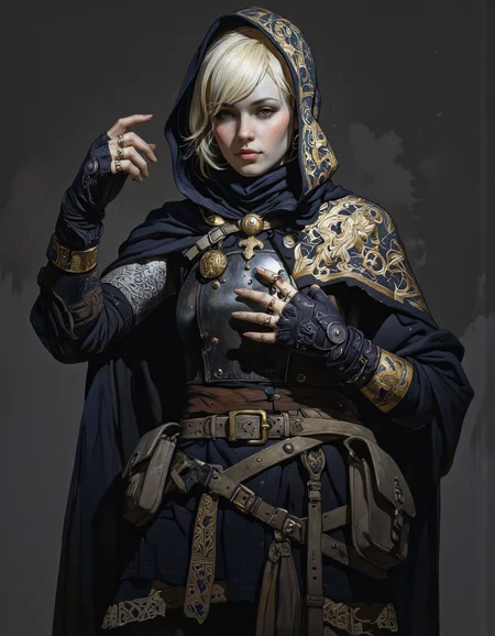 By Phandigrams. This image is a digital illustration in a dark, moody, and dramatic style. The artwork features a lone figure, a woman with short, platinum blonde hair, dressed in a dark, medieval-inspired outfit. She wears a hooded cloak with intricate, golden embroidery and a visible emblem on the shoulder. Her attire includes a breastplate armor, gloves, and a belt with pouches, indicating she is likely a warrior or adventurer. <lora:Phandigrams:0.85>