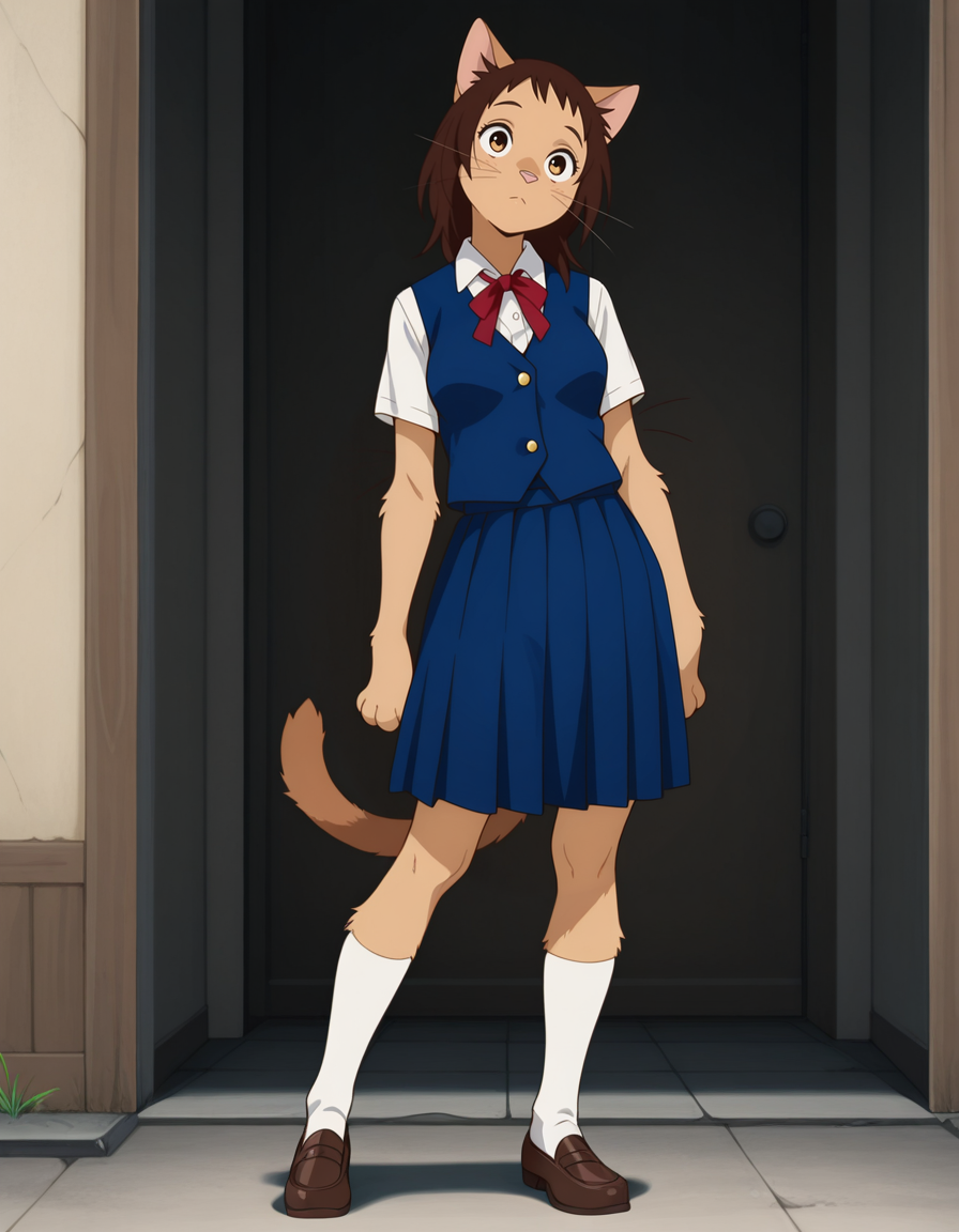 masterpiece, best quality, amazing quality,

anime screenshot, solo,

Haru Yoshioka, 1girl, blue vest, white shirt, furry, domestic cat, whiskers, medium breasts, pleated skirt, brown tail, white socks, loafers, shoes, standing, head tilt, tan body