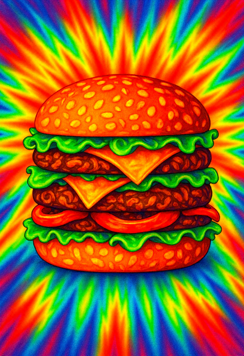 <lora:Tie_Dye_Style_FLUX-000015:1>
This is a vibrant, psychedelic digital drawing of a hamburger rendered in a swirling pattern reminiscent of tie-dye artwork.