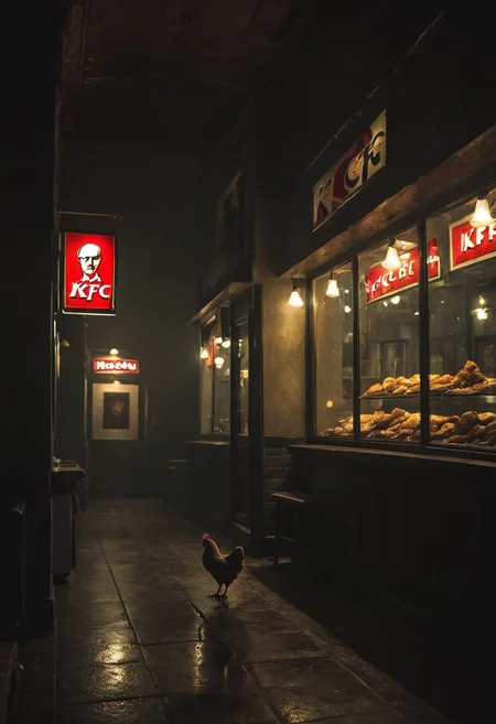 macabre style Midnight, Full moon, A charming KFC store, An enchanting Atmosphere feel to the place
A chicken walking in KFC store. 
dark, gothic, grim, haunting, 
horror-themed, eerie, unsettling, spooky, suspenseful,  
shallow depth of field, vignette, high budget, moody, epic, gorgeous, 
beautiful, painterly, textural, artistic, aesthetic, 
intricate details, highly detailed, ultra-detailed, absurdres, vivid, vibrant, volumetric lighting, 
aid291, midjourneyv6.1, dark, chiaroscuro, low-key