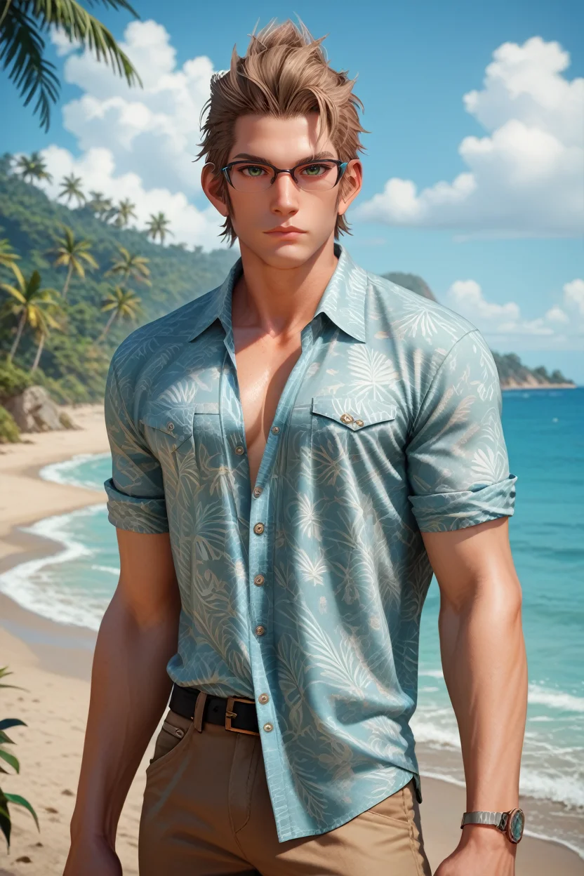 score_9, score_8_up, score_7_up,
<lora:FFIgnis:0.8>
FFIgnis, 1boy, brown hair, green eyes, glasses, looking at viewer, full-body shot, sandy beach, male model with a muscular build, wearing casual linen shirt, sunglasses, crystal clear water, tropical island in the background