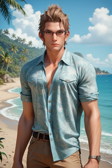 score_9, score_8_up, score_7_up,
<lora:FFIgnis:0.8>
FFIgnis, 1boy, brown hair, green eyes, glasses, looking at viewer, full-body shot, sandy beach, male model with a muscular build, wearing casual linen shirt, sunglasses, crystal clear water, tropical island in the background