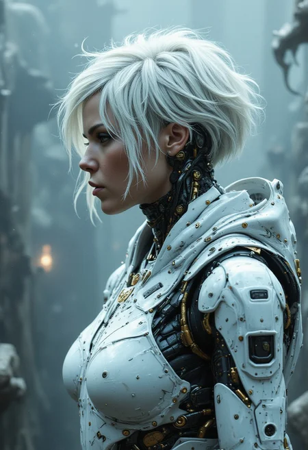 A beautiful woman with very short white hair, dressed in complex white futuristic armor, chaotic universe, gloomy atmosphere, fog, double exposure glitch style, profile pose, graceful and sad, engraved contours style Igor Maikov, Marc Sylvestri, Alyssa Monks , Brian Froud highlight the figure, Tom Lovell's narrative depth inspires digital painting, intricate details (based on an illustration by Muirart-Deviant art)
