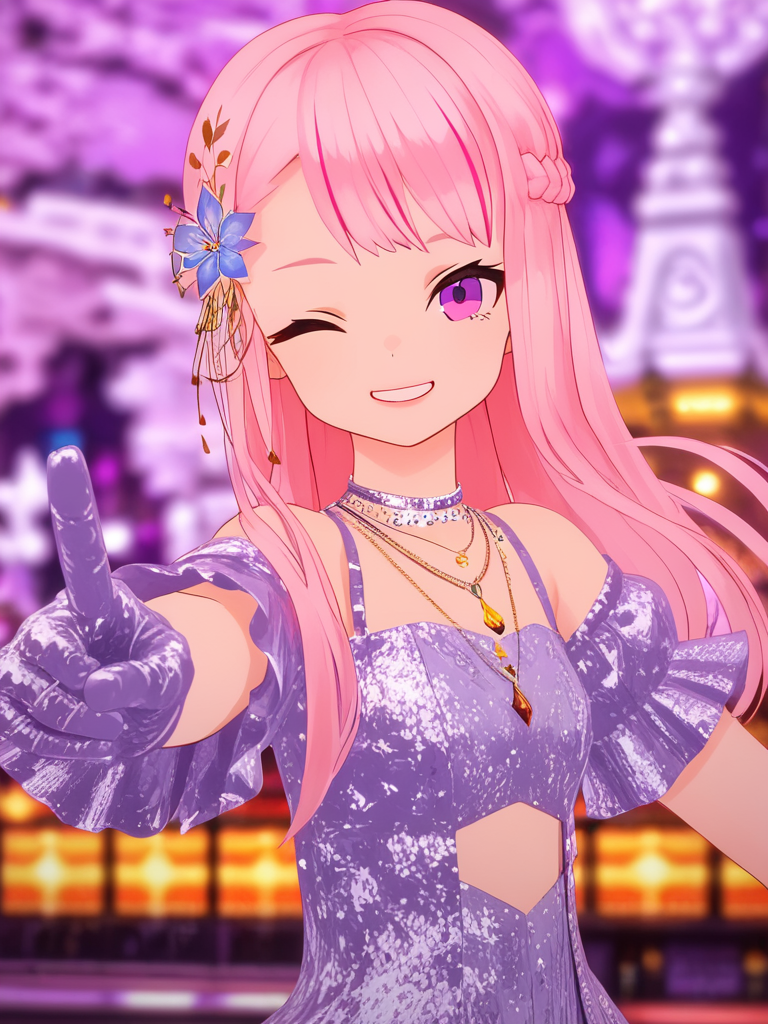 score_9,score_8_up,score_7,huge filesize,wallpaper,HH_hime,1girl,solo,long hair,pink hair,purple eyes,bangs,braid,smile,dress,gloves,necklace,jewelry,hair flower,one eye closed,crooked head,finger_gun,pointing at viewer,blurry background,blurry,looking at viewer,upper body,<lora:HimeTanaka_PONY_V3:0.8>,