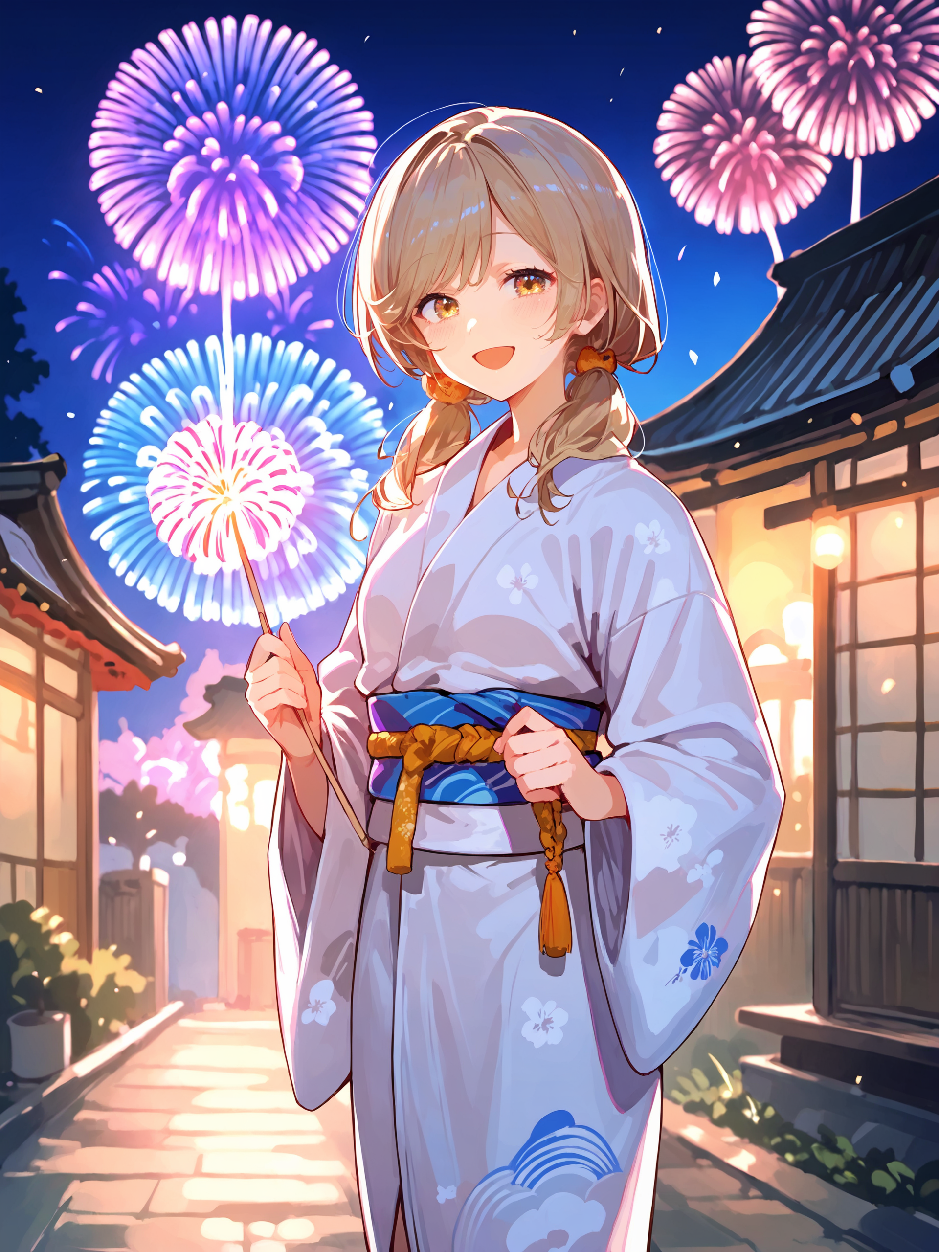1girl, sena ajisai, solo, kimono, low twintails, obi, sash, tabi, standing, cowboy shot, holding fireworks, smile, open mouth, night, outdoors, blurry background score_9, score_8_up, score_7_up, source_anime, ray tracing, best quality, <lora:Char-Sena_Ajisai-V1-Pony:0.9>, <lora:Style-Expressive_H-pony:0.8>,