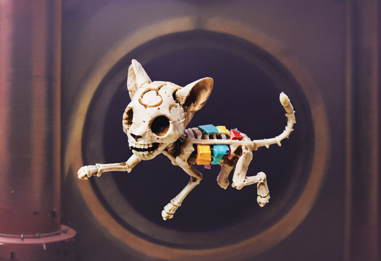 a colorful chibi skeleton cat running toward the viewer, insanely intricate details, uncanny, lynch style <lora:lynchstyle_v0.0.3:1.6>