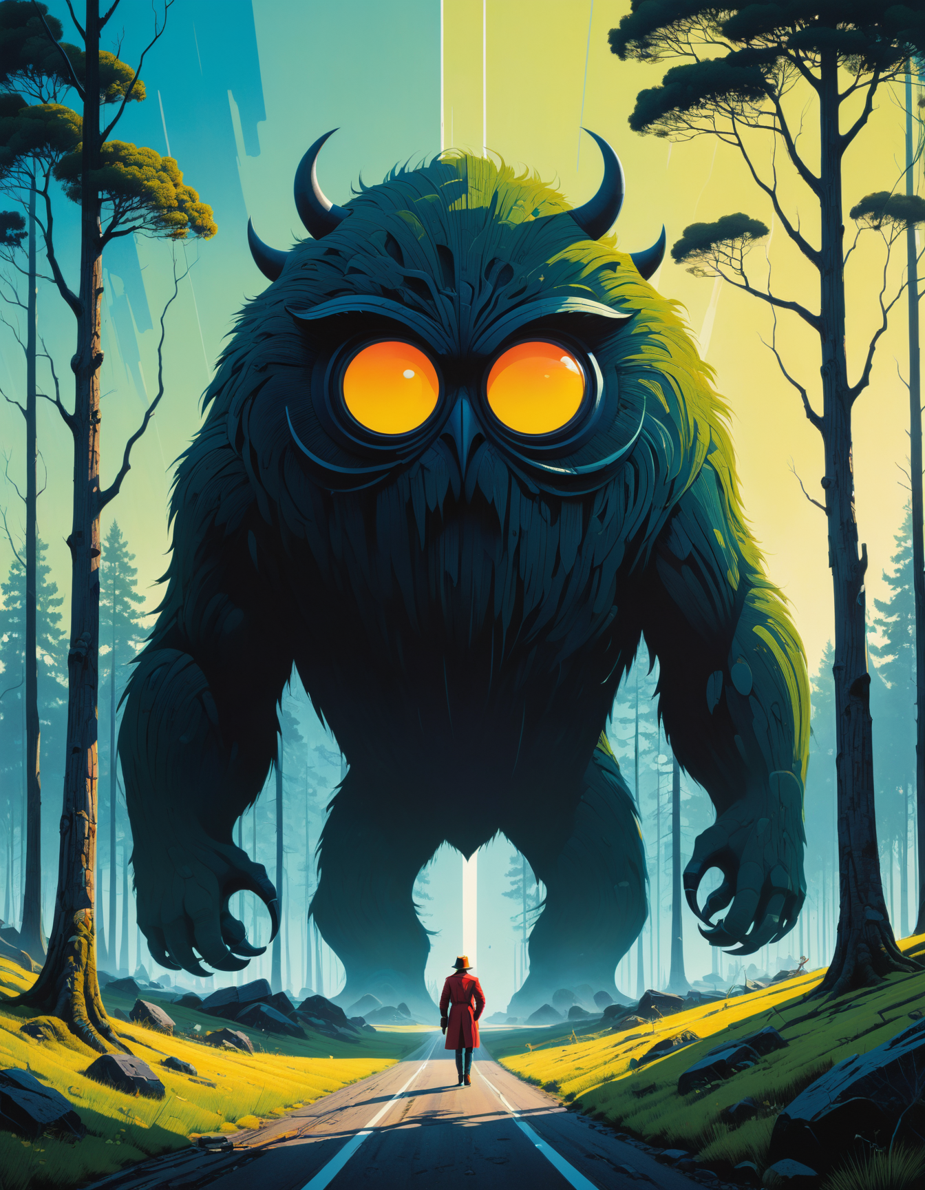 by Eyvind Earle and Simon Stålenhag,  (majestic , pleasant , masterful:1.4), poster art, bold lines, hyper detailed, expressive,  award winning,  (monster:1.4), (intricate details, masterpiece, best quality:1.4),
bokeh , looking at viewer, dynamic pose, wide angle view,
<lora:add-detail-xl:1> <lora:xl_more_art-full_v1:0.5> <lora:looking_at_viewer:2>