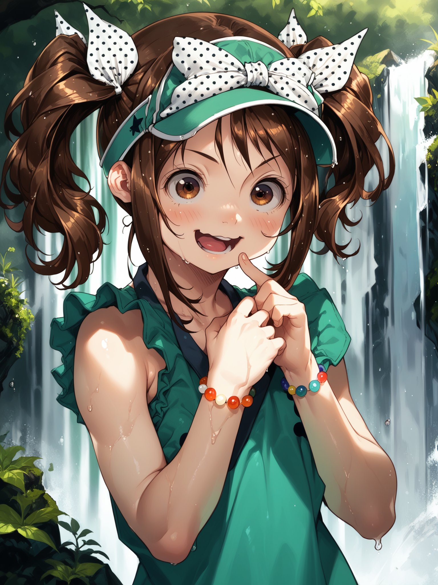 (upper body, solo focus:1.2) <lora:happy_tentacle-haruka-v0.1-000032:1>, ht_haruka, brown eyes, brown hair, polka dot ribbon, visor cap, polka dot bow, bracelet (petite:1.2), <lora:Shed_The_Skin's StS_age_slider_v1_initial_release:-1> ( :1.1) ( , , (traumatized :1.2) , smile , (looking down:1.2) :1) , ( waterfall, wet :1.2) ( :0.8) score_9, score_8_up, score_7_up, score_6_up, score_5_up, score_4_up, ( [(realistic, photorealistic:1.3):(realistic:1.2):16] [(3d:1.2)::14] :1) <lora:LUUNA's Lunas-NijiJourney-SDXL-B2:0.35>, nijijourney <lora:prgfrg23's Counterfeit-V3.0 Style SDXL_LoRA_Pony Diffusion V6 XL:0.5> <lora:mfcg's mfcgXL:0.12> <lora:reweik's gyokai(himehajime)_PonyXL_style_v01:0.14>