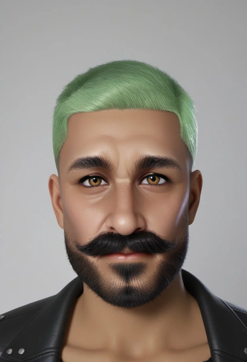 carlosvibrant, close up, portrait, thick brows, male focus, green brown eyes, short blonde hair, black mustache, black short beard, spanish, latin, looking at viewer, wear a black leather jacket, living room