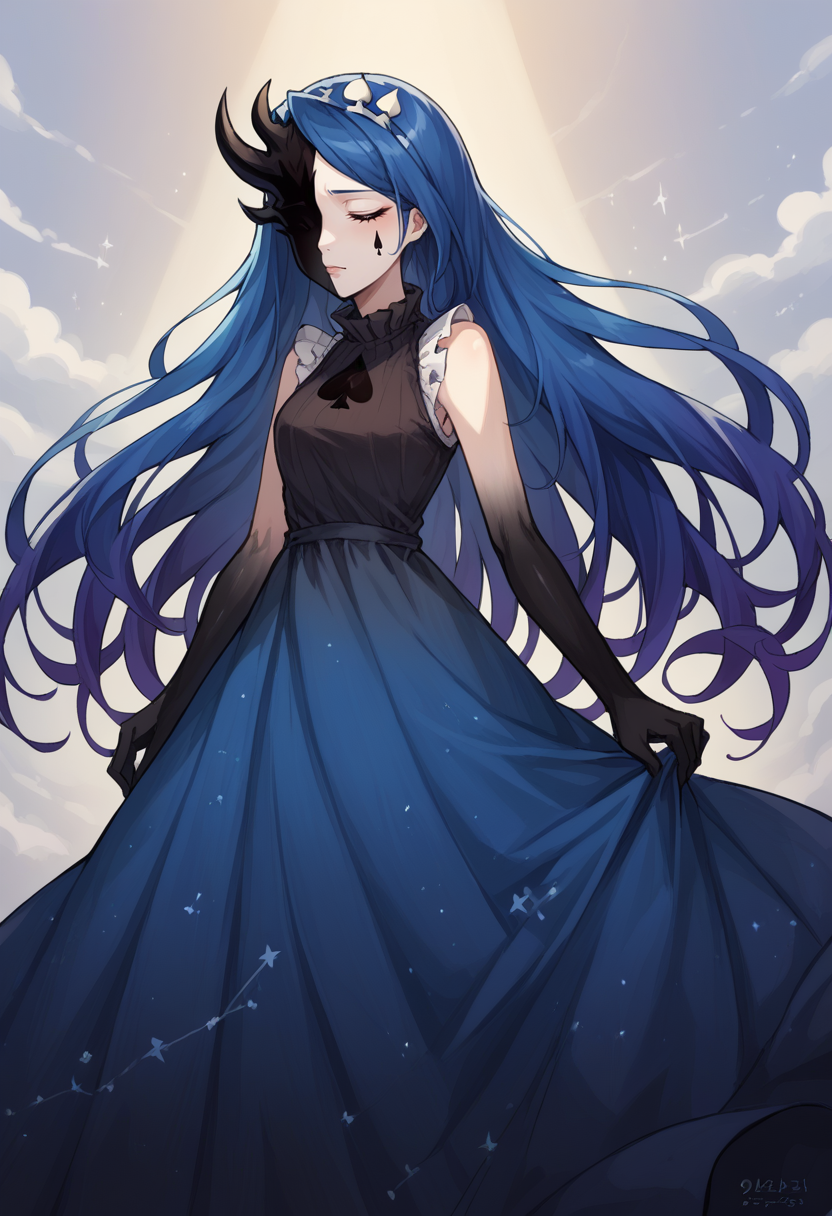 score_9, score_8_up, source_anime, 1girl, solo, KoDLoboCorp, two-tone face, black skin, white skin, asymmetrical horns, closed eyes, teardrop facial mark, long hair, starry hair, tilted crown, long dress, frilled collar, sleeveless dress, starry sky print, gradient dress, ace of spades, elbow gloves, <lora:ChamKnightOfDespairPonyXL:1>
