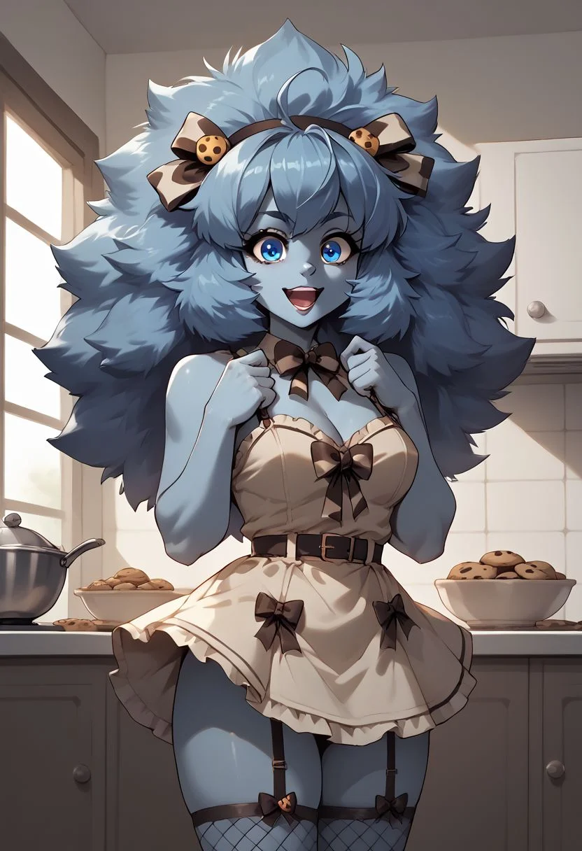 score_9, score_8_up, score_7_up, score_6_up, score_5_up, score_4_up, source_anime, source_cartoon, best quality, 1girl, solo, short blue hair, big hair, fuzzy hair, blue eyes, lipstick, hud_ckie, sleeveless brown polka dot leotard, garter straps, cookie, belt, frills, fishnet thighhighs, bow, hair decoration, looking at viewer, light smile, kitchen, ((monster girl, blue fur, furry, anthro blue skin, big eyes, big mouth, fur, fuzzy, thick fur, shaggy fur)), ((detailed fur)), ((open mouth)), maw, ((upper body)), colorful,