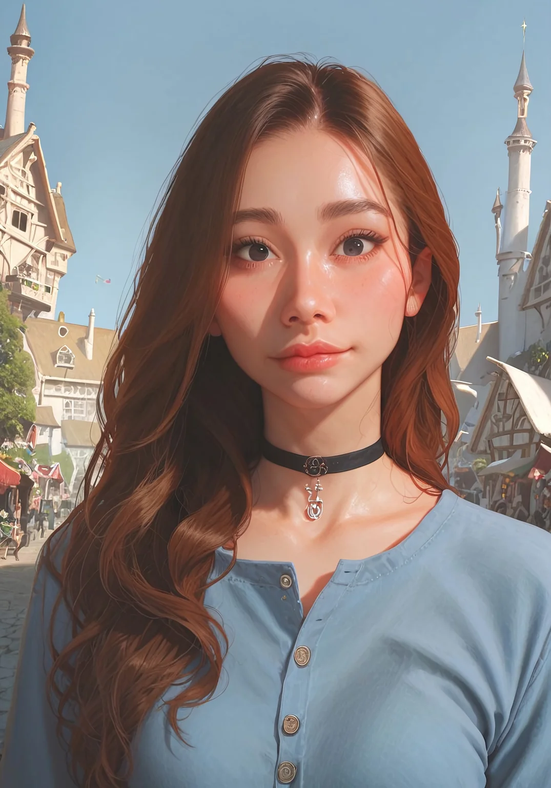 score_9, score_8_up, score_7_up, score_6_up, score_9, score_8_up, read description, Expressiveh ,g0thicPXL, glowing,
medieval castle in background, day time, detailed backgrounds,market ,stone castle,blue sky,((clear sky:1.2)),towns,big clouds,
(19 year old girl) , from front,masterpiece,best quality,amazing quality, detailed eyes, upper body, portrait, looking at viewer,1girl, petite body, grossy skin,cutest pose ,joyful,sexy pose,smiling
nana ,long hair, 1girl,black eyes,duck face,sexy lip,wide hips , choker, blushing,easynegative,jeans pants,blue shirt,
studio facial lighting:1.2,professional lighting, high quality,concept art,warm tone,((volumetric lighting)), professional lighting, perfect quality, high quality, Cuti3C0mics