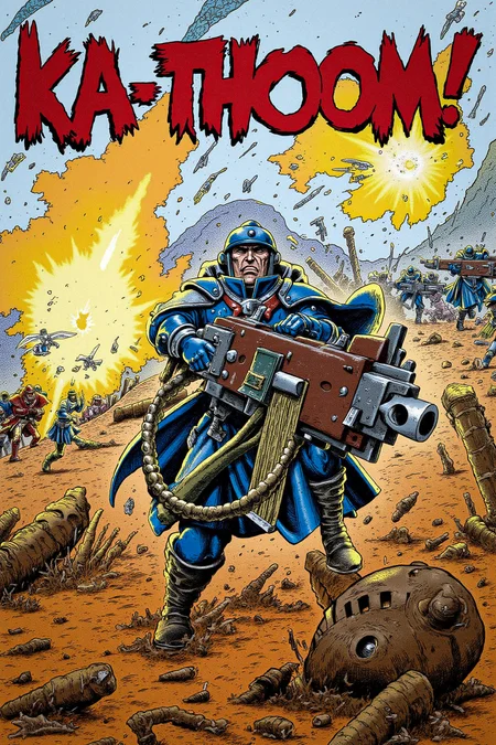 Amidst a desolate battlefield, a French WW1 Poilu charges forward, wielding a massive heavy bolter in his hands. His boots slam into the cracked earth as he fires a devastating shot, sending shockwaves through the air. In the background, twisted enemies are torn apart as the round hits with explosive force. Above the impact point, bold, jagged letters spell out âKA-THOOM!â, the deep, resonant sound reverberating across the landscape. The word seems to hang in the air, surrounded by jagged edges that amplify the sheer power of the bolterâs fire. The Poiluâs face is set in grim determination as he continues to press forward, the heavy bolter an unstoppable force in his hands.<lora:Heavy_Bolter_-_Warhammer_40000_Flux:1> <lora:french_soldier_flux_v1:1> <lora:metal_hurlant_v1:1>