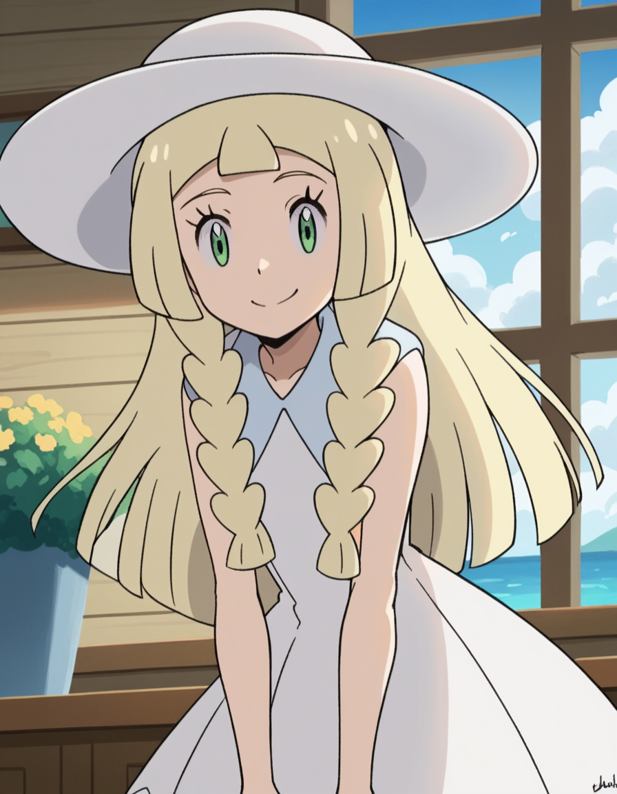 score_9, score_8_up, score_7_up, source_anime, <lora:pokemon-lilie-anime-ponyxl-lora-nochekaiser:1>, lillie \(pokemon\), blonde hair, blunt bangs, green eyes, long hair,, braid, collared dress, dress, hat, sleeveless, sleeveless dress, sun hat, sundress, twin braids, white dress, white headwear,, indoors, bent over, smile, smug, looking at viewer, solo,, smile, looking at viewer, solo,, cowboy shot, dutch angle