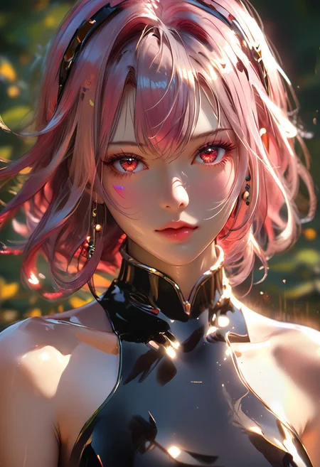 score_9, score_8_up, score_7_up, score_6_up, score_5_up, score_4_up, masterpiece, best quality, raytracing, absurdres, high definition, perfect details, depth of field, good composition, spectacular, volumetric dark lighting, dramatic lighting, absurd, raytracing, 3>lora in weight of: 1.5 + detailed eyes, ((detailed face)), (linear hatching, cel shading, hds style), extremely bright rays of light, dark lighting, majestic, divinity, 
BREAK 
perfect face, mature, female, razor hair, metallic hair, metal, red eyes, 1girl, solo, sexy, smooth body, cyber Dystopian, shadowrun, Enigmatic woman draped in shadows, beautiful, wearing detailed, black dress adorned with lace, full body, full body in view, (Partially obscured face, revealing only piercing eyes adorned with kohl.arcane energy aura), sexy body, cowboy shot, masterpiece, ultra-detailed, semi-realistic, kohl.arcane imbued eyes,  (cowboy shot, portrait), full lips, sparkles in air, complicated background,