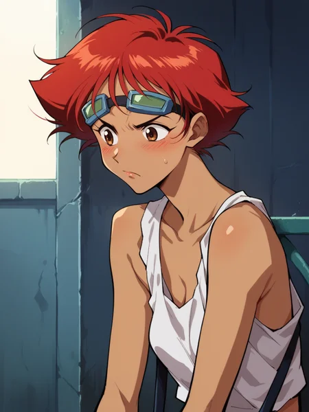 score_9, score_8_up, score_7_up, score_6_up, <lora:b3b0pXLP:1> b3b0p, cowboy bebop, solo, ed, red hair, goggles, tank top, tan skin, brown eyes, blush