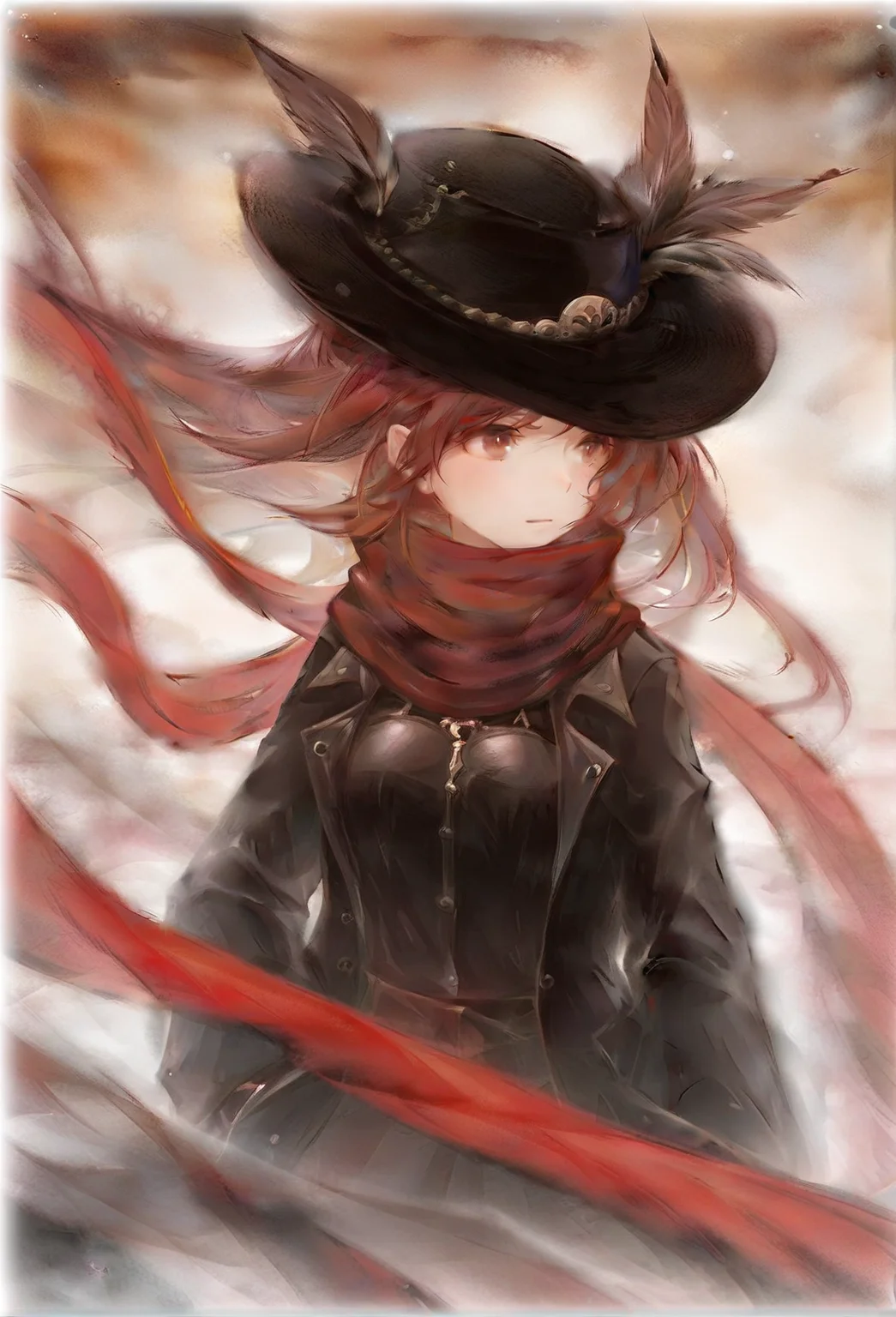 mori,1girl,red eyes,black hat,red scarf,black jacket,red hair,<lora:mori-000215:1>,<lora:JXXLilV1:0.6>,