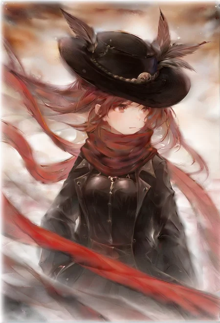 mori,1girl,red eyes,black hat,red scarf,black jacket,red hair,<lora:mori-000215:1>,<lora:JXXLilV1:0.6>,