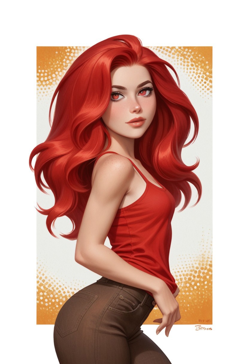 score_9, score_8_up, score_8_up, btimmsketch, (cowboy shot:1.1), 
1girl, erosred, high details, cartoon style, red eyes, red hair, big hair, long hair, tank top, sleeveless, red shirt, brown pants, 
sexy pose, halftone effect, white borders, abstract background:1.2