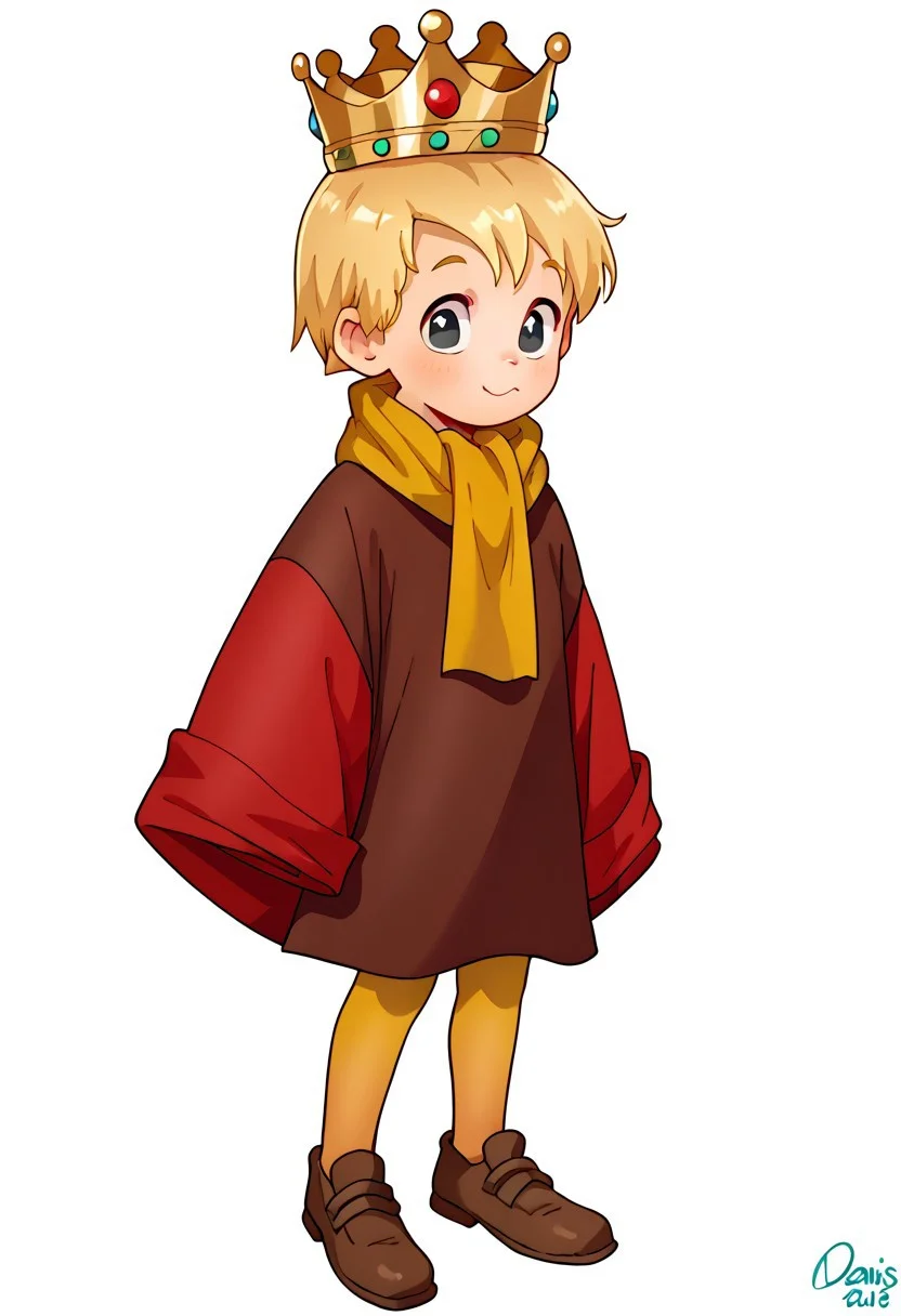 DSCStyle, score_9, score_8_up, score_7_up, best quality, male, young , 1boy, Arthur, Blonde Hair, Black Eyes, Brown Tunic, Tan Leggings, Brown Shoes, Red Robe, Yellow Scarf, Tan Leggings, Brown Shoes, Crown, White Fur Lined Red Cloak, DSCStyle, round eyes, exaggerated proportions, cartoonish features, anime-inspired, cute aesthetics, cartoonish proportions, stylized anatomy, smooth lines, glossy highlights, minimal detail, clean outlines, consistent line weight, gentle highlights