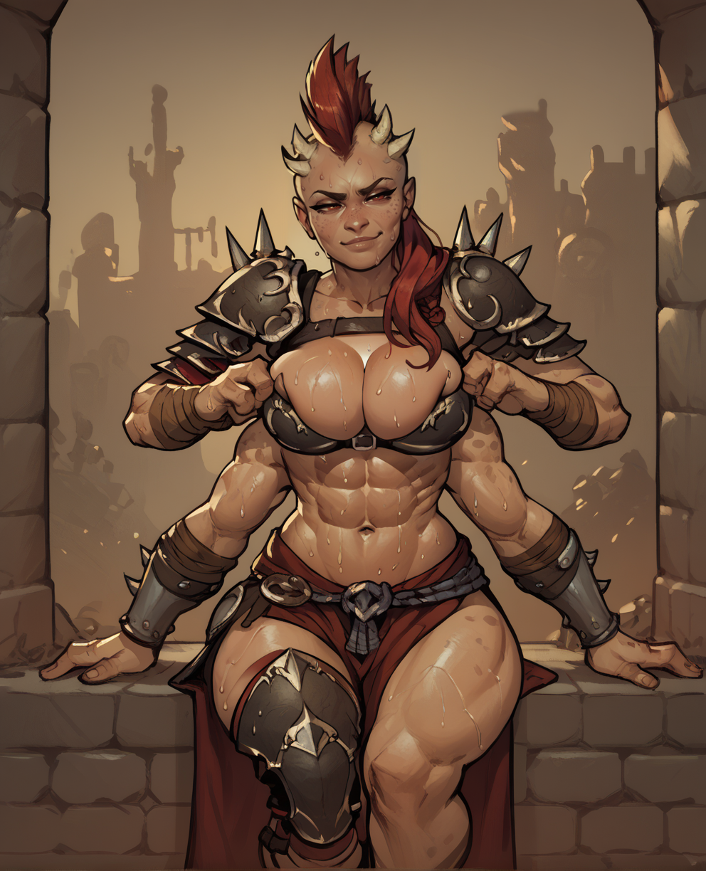 score_9,score_8_up,score_7_up,score_6_up,
Sheevaxl,small horns,red eyes,4 arms,long hair,red hair, mohawk, 
armor,cleavage,large breasts,toned,navel,sweat,
hips,smug,
sitting,
outside,dungeon,
standing,<lora:Sheevamk11XL:0.9>,