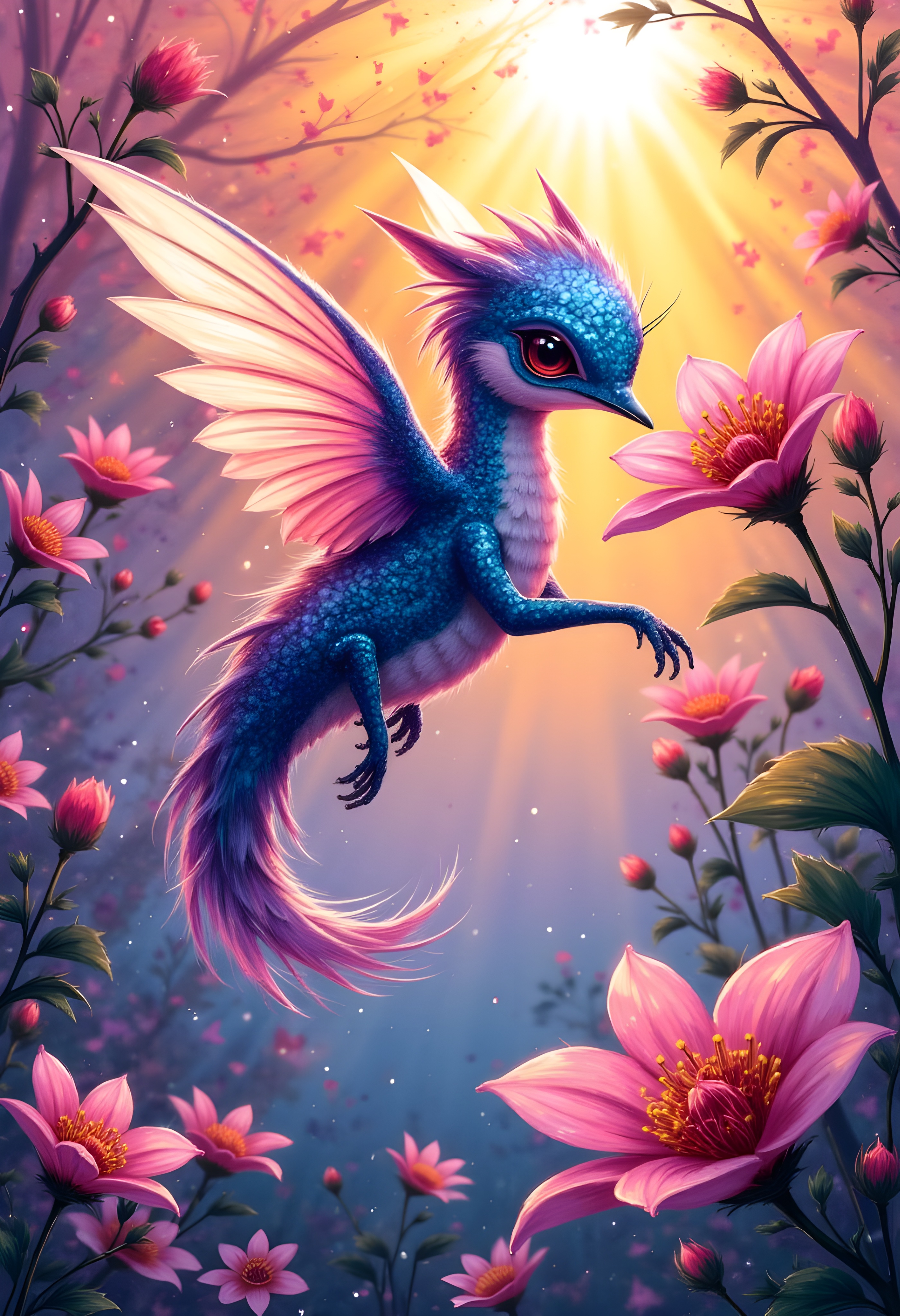 cinna flow, Full-length, holographic foil quill art, comic cartoon style 3D, ultra-textured, zach-effect shading 1.5, clear transparent pearlescent rainbow, Double Exposure, Random Main character, cute whimsical chibi alien life-form, Dragon-Hummingbird in flight hovering sipping nectar from a beautiful exotic orchid flower, fluffy long haired, cheeky mischievous, happy-go-lucky, dragon owl form, free spirited, prismatic shell, sheer, spectral ghostly illustration pen and ink, fine detailed lines, experimental fluid ferrous oil airbrush mural painting, bright bold vibrant colors, Solar Flare Magic Fantasy, daisies small delicate sunflowers cherry blossoms dewdrops, diffused hazy sunbeams, early morning ambiance, perfect form, translucence, pearlescent opaline over-wash.